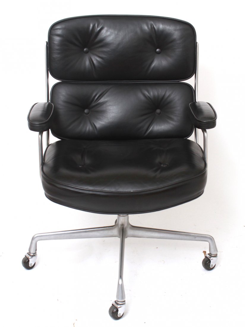 Eames for Herman Miller Time Life Executive Chair: Charles & Ray Eames for Herman Miller mid-century modern Time Life "Executive" office rolling arm chair, designed circa 1960, aluminum frame with black leather upholstery, four legs terminating in cas