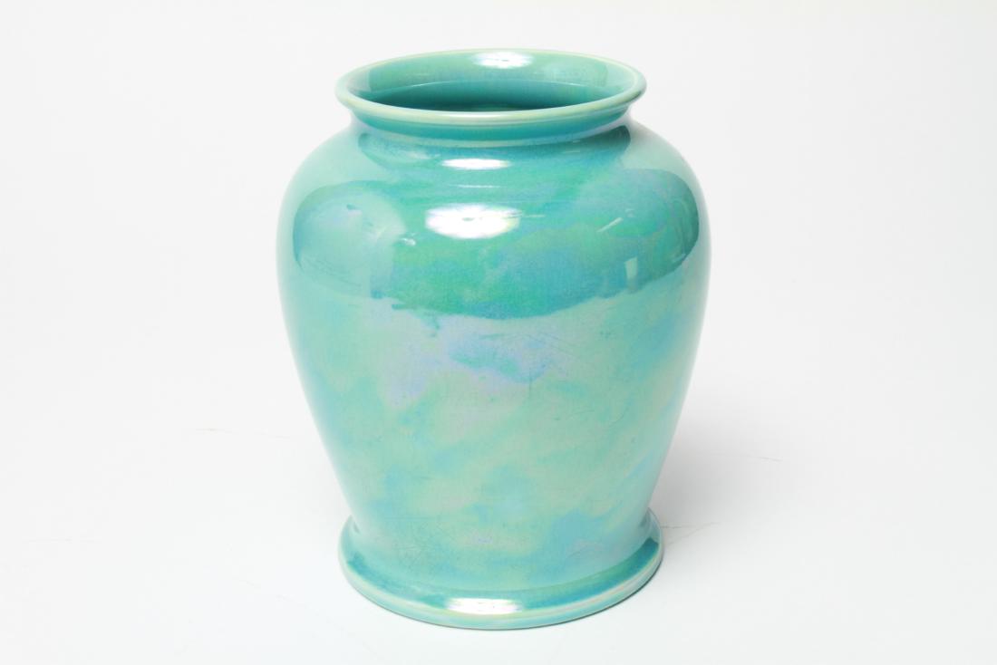 Ruskin England Blue Lustre Pottery 7.25" Vase: Arts and Crafts movement Ruskin England blue iridescent lustre / luster glazed pottery vase, impressed mark and dated: "Ruskin / England / 1923." 7.25" H. From the Collection of Actor Ron Rifkin.