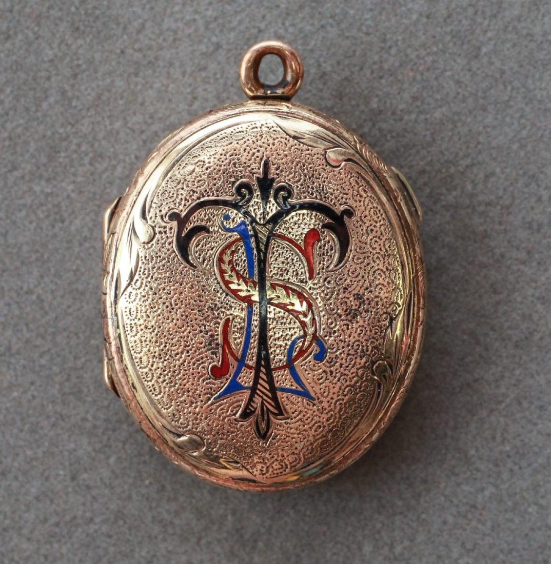 Gold-Plated and Enamel Locket Pendant, 19th C.: Gold-plated and enamel monogram locket pendant, 19th century. 1.125" L.