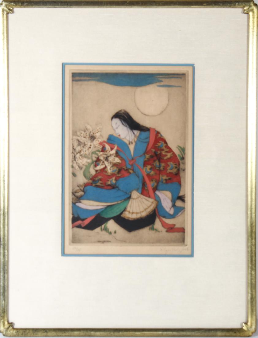 Elyse Lord "White Rubrum Lilies" Colored Etching: Elyse Ashe Lord (British 1900-1971) "White Rubrum Lilies," signed in pencil lower right "Elyse Ashe Lord," edition # 32/75, colored etching on paper. Image: 11" H x 7.5" W.; frame: 19.5" H x 15" W x .