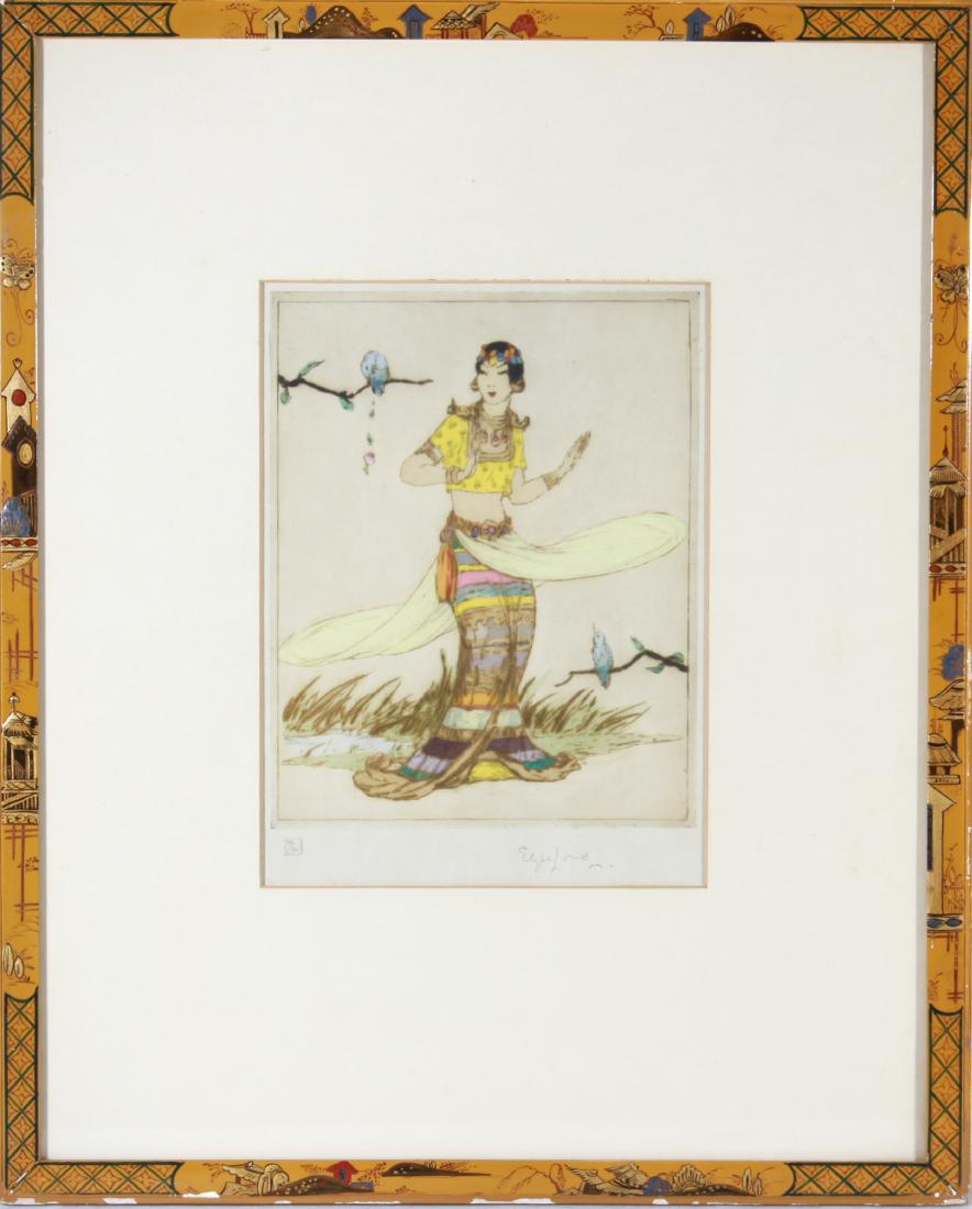 Elyse Lord "The Garden of Sa-Di" Colored Etching: Elyse Lord (British 1900-1971) "The Garden of Sa-di," signed in pencil lower right "Elyse Lord," edition # 38/50, Arthur Tooth & Sons (London) gallery label attached to reverse, colored etching on pap