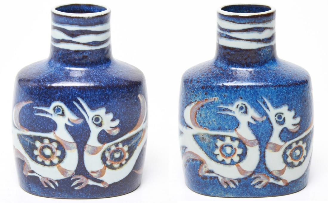 Royal Copenhagen Aluminia Thorsson Rooster Vase, 2: Nils Thorsson for Royal Copenhagen Scandinavian Modern faience Aluminia "Roosters" vases, near pair with pebbled blue ground displaying four stylized cream and brown birds, underside with blue Nils Th