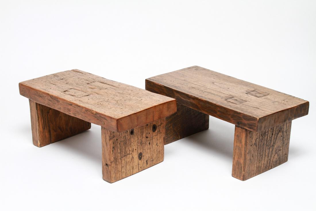 Nakashima Manner Wood Foot / Step Stools: Two Nakashima manner wood foot / step stools, post and lintel design. 6.25" H x 14.5" L x 7" W. From the Collection of Actor Ron Rifkin.