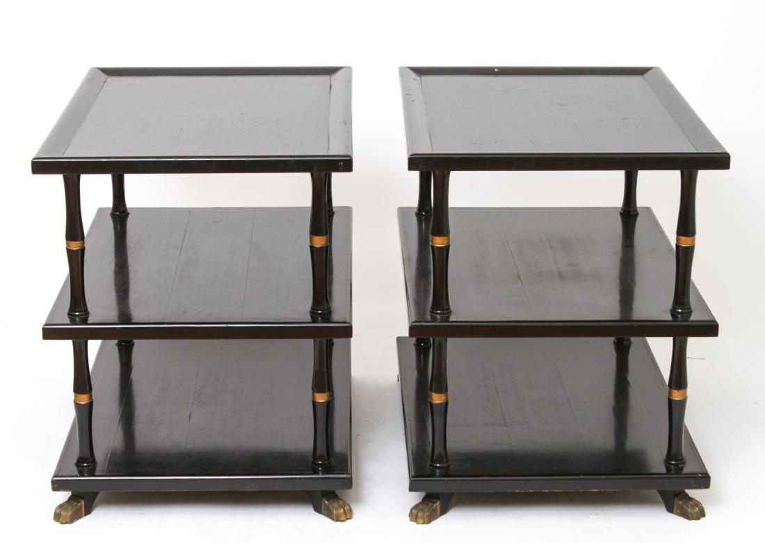 Hollywood Regency Lacquered 3-Tier Side Tables, Pr: Pair of Hollywood Regency Asian manner lacquered wood three-tier side tables, turned bamboo motif supports, metal claw feet. 27.5" H x 22" W x 29.75" L. From the Collection of Actor Ron Rifkin.