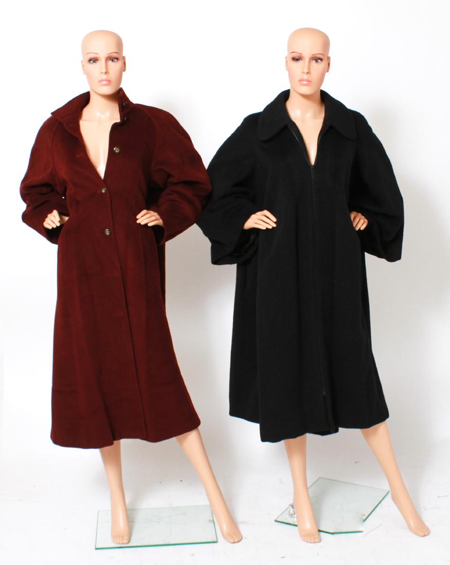 Ladies' Designer Coats, Max Mara & Byron Lars, 2: Ladies' designer full length wool coats, group of two, comprising one Max Mara maroon button front coat, and one Byron Lars black zipper front coat, both with designer labels. Maroon: armpits: 23" W;