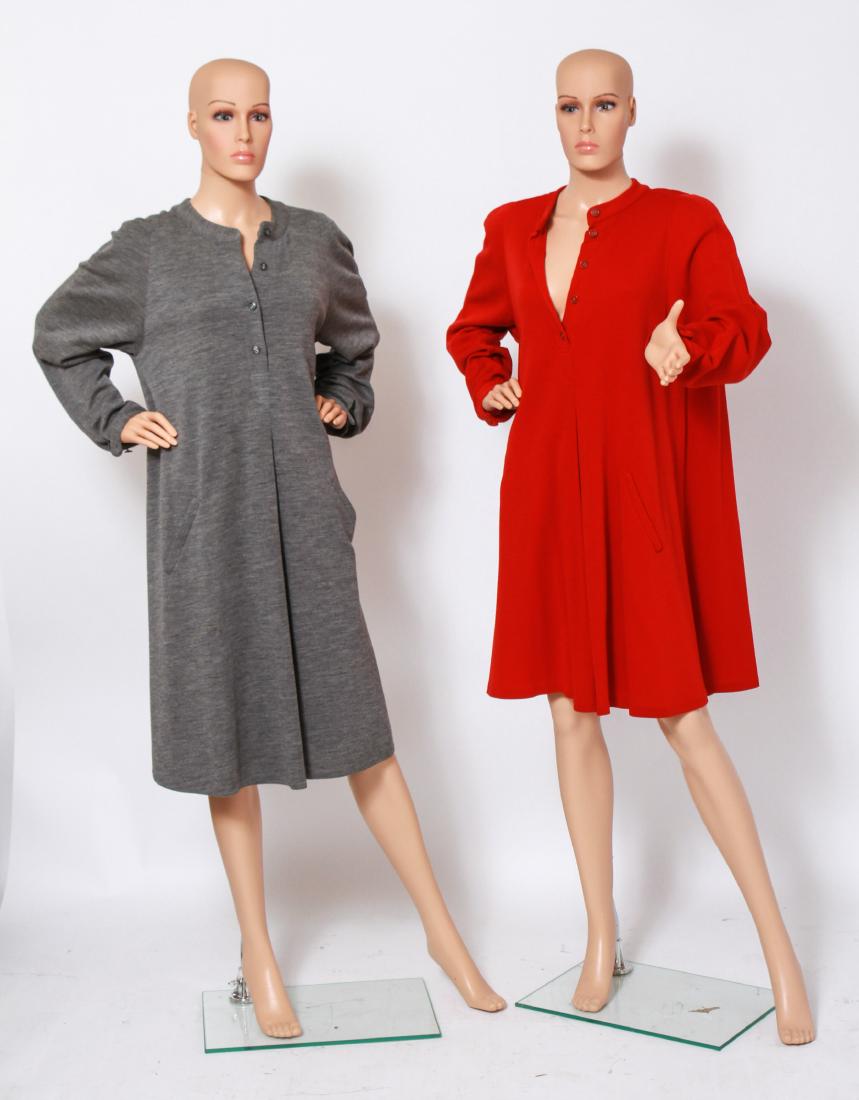 Geoffrey Beene Designer Ladies' Dresses, 2: Geoffrey Beene ladies' designer dresses, group of two, one red and one grey with "Mr. Beene" label, both with button fronts and pockets, both size 14. Grey: armpits: 20" W; sleeves: 25" L; length: 41"
