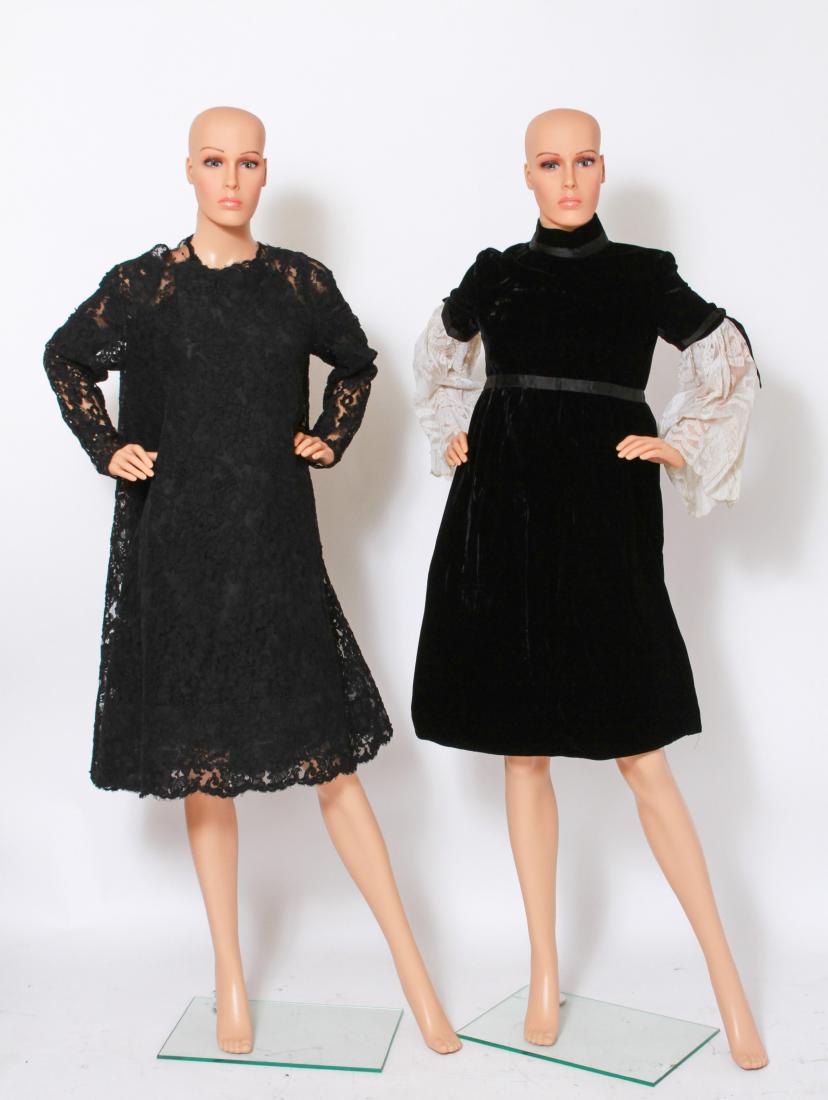 Geoffrey Beene Designer Ladies' Dresses, 2: Geoffrey Beene ladies' designer dresses, group of two, one with velvet top and white lace sleeves, the other black lace with "Mr. Beene" label, size 14. Velvet: shoulders: 16" W; sleeves: 22" L; lengt