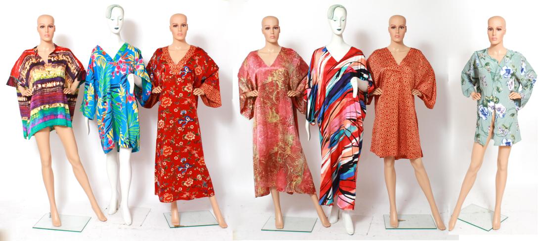 Ladies' Natori Designer Shirts / Caftans, 7: Natori ladies' designer shirts, tops, & caftans, group of seven, all with brightly colored patterns and maker's tags. Various sizes including M, L, and XL.