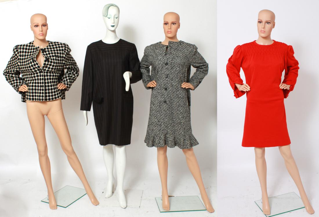Bill Blass Ladies' Jacket & Dresses, 4 Pieces: Bill Blass ladies' designer garments, group of four, comprising a black and white polka dotted jacket, a grey dress with ruffled bottom, a red long sleeve dress, and one pinstripe dress, the first thr