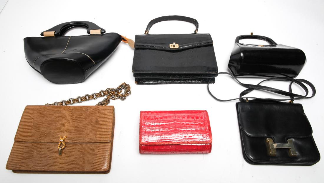 Ladies' Designer Evening Bags incl. Lederer, 6: Ladies' designer evening bags, group of six, including some leather, designers include Lederer, Bienen-Davis, Daniel Amoda, and Carlos Falchi. Largest: 6.5" H x 9.25" W. Light wear from usage.