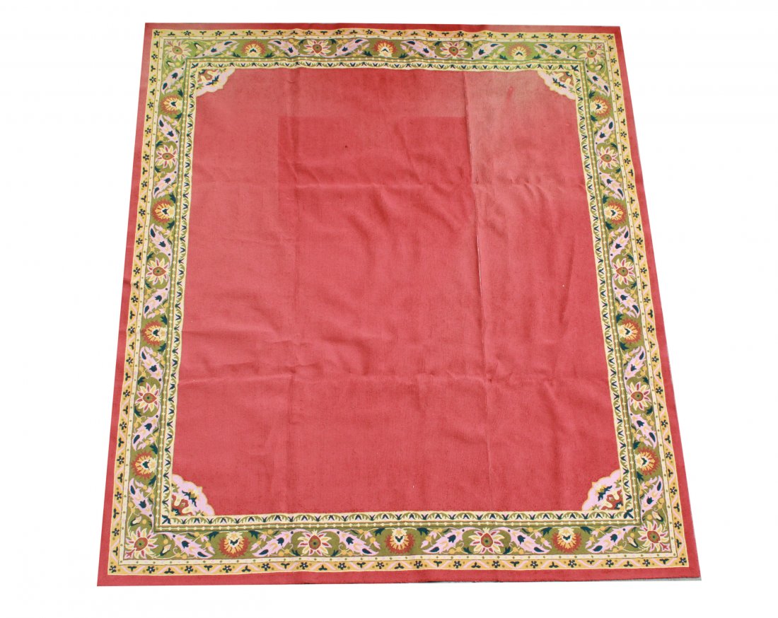 Edward Fields Room-Size Wool Rug 12' 7" x 14' 6": Edward Fields room-size modern wool rug, red ground with polychrome floral borders, signed on border underside. 12' 7" x 14' 6". Minor fading, small hole near center.