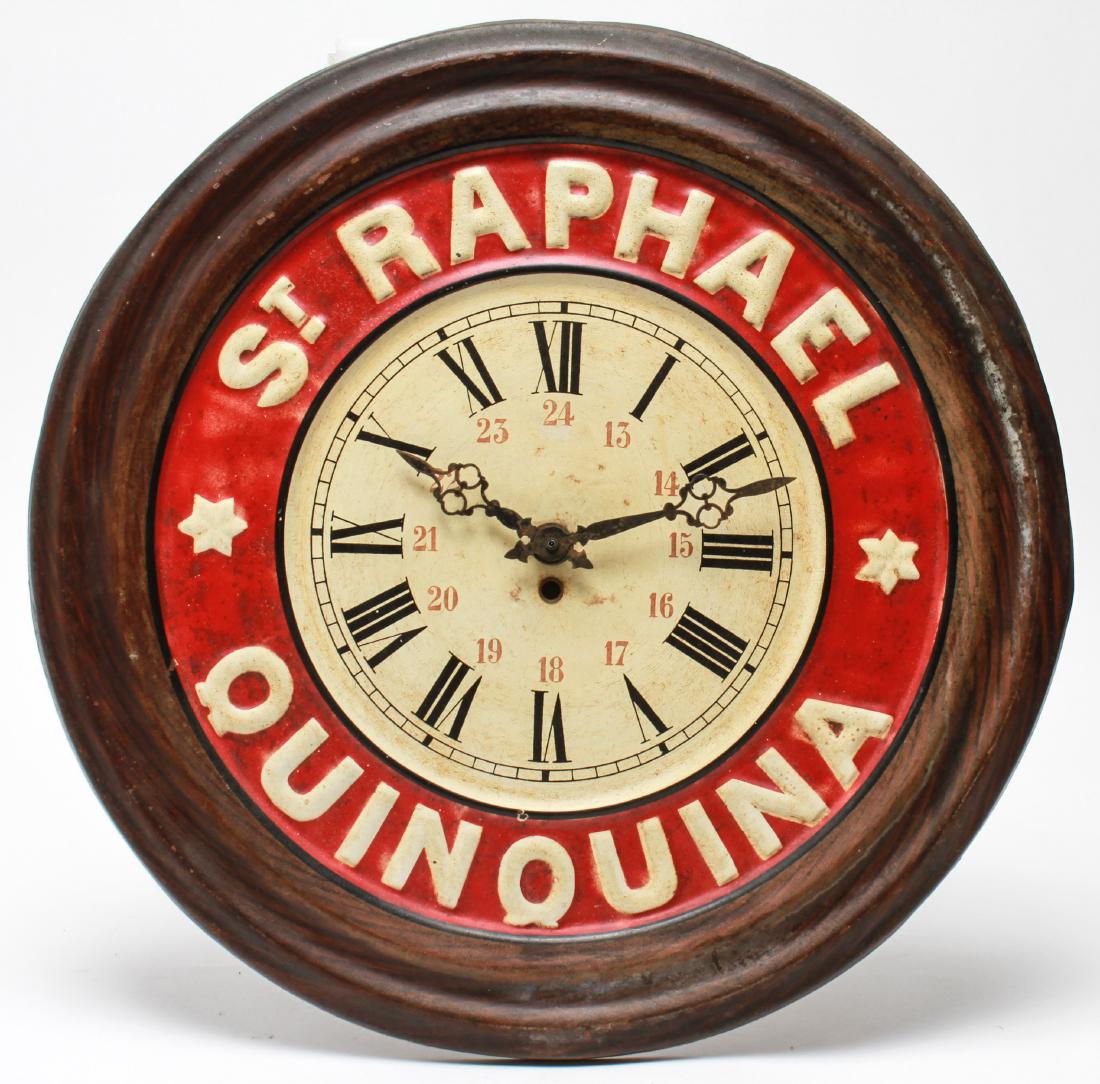 St. Raphael Quinquina Metal Advertising Clock: St. Raphael Quinquina advertising wall clock, embossed metal with painted & patinated finish, battery operated. 19" diameter. From the Collection of Actor Ron Rifkin.