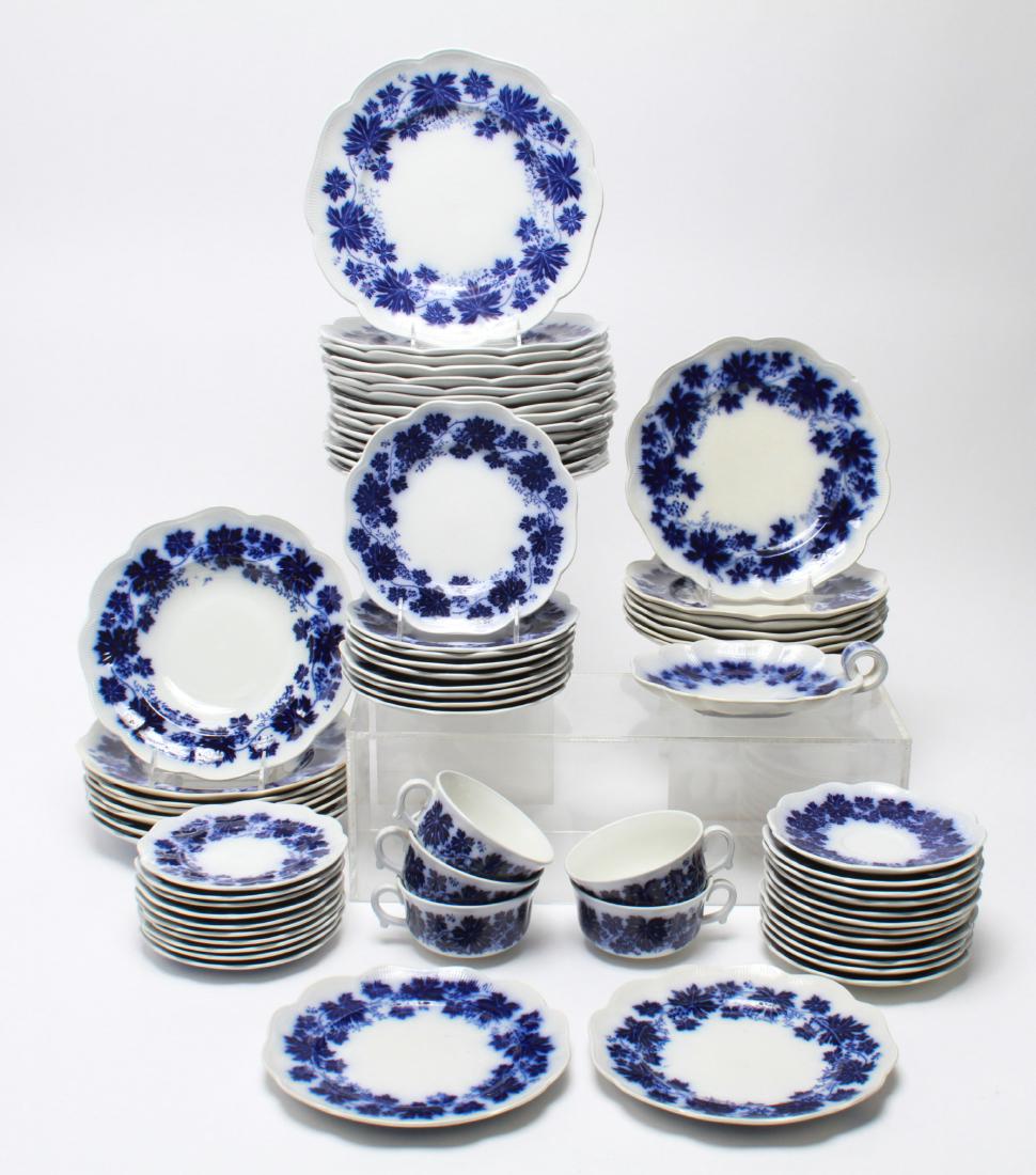 Sweden Ninranka Flow Blue Porcelain Dishes Set 69: Set of 69 pieces, Sweden Ninranka "Gefle" pattern, flow blue transfer ware scalloped porcelain dishes, grapes and leaves motif, marked, "Upsala Ekeby Sweden / Gefle / Vinranka / Percy / Gravyrdekor /