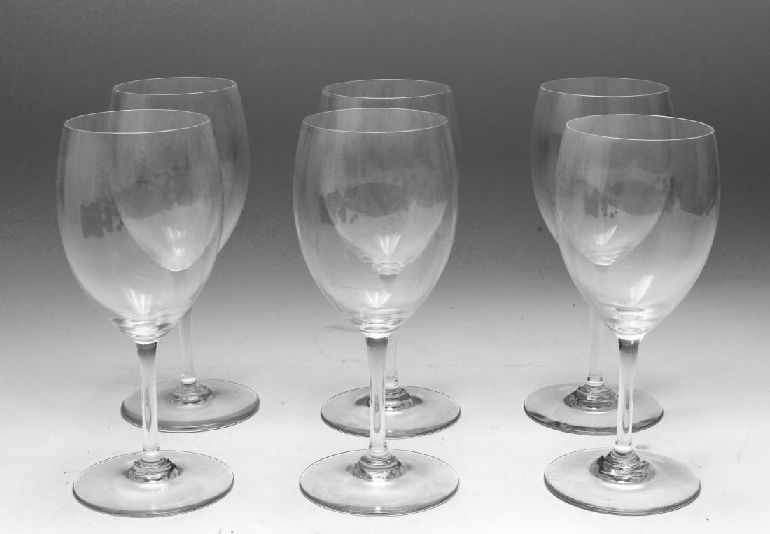 Baccarat Crystal "Romanee Conti" Wine Glasses, 6: Baccarat crystal "Bacchus (Romanee Conti)" pattern white wine glasses, marked with the Baccarat logo, set of six. 7.25" H.