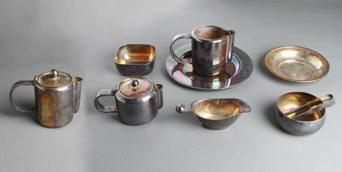Christofle Silver-Plate "TGC" Hotel-Ware Set 9 Pcs: Christofle silver-plate, all monogrammed "TGC" hotel-ware, comprising eight pieces of Christofle, a pitcher, a single lidded teapot, a lidded pitcher, a creamer, a square bowl, a round bowl, a plate a