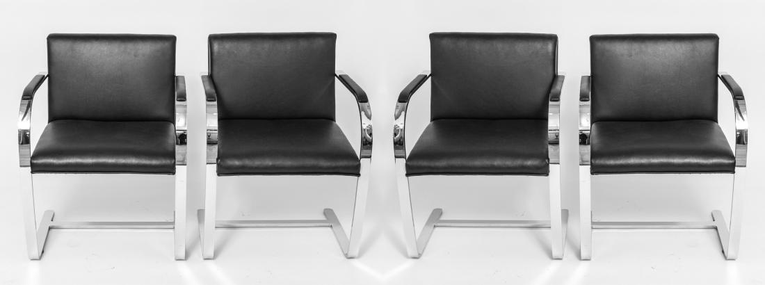 Mies van der Rohe for Knoll "Brno" Chairs, 4: Mies van der Rohe for Knoll mid-century modern "Brno" chairs / arm chairs, group of four, cantilevered flat bar polished stainless steel frame, upholstered in black leather, with matching armrests. 30