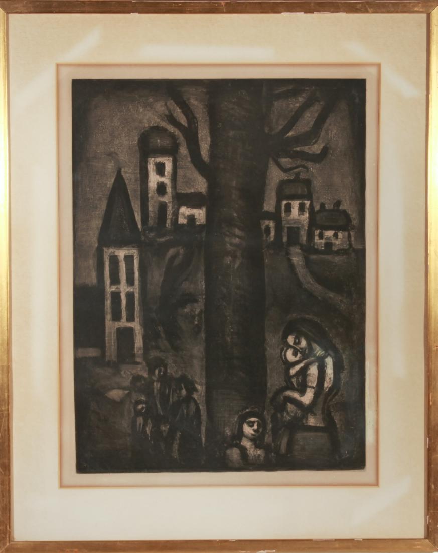 Georges Rouault Au Vieux Faubourg Miserere Etching: Georges Rouault (French, 1871-1958) "Au Vieux Faubourg des Longues Peines," circa 1923, plate X from the 'Miserere' series, signed and dated in plate lower left, etching and aquatint. Image: 23.75" H