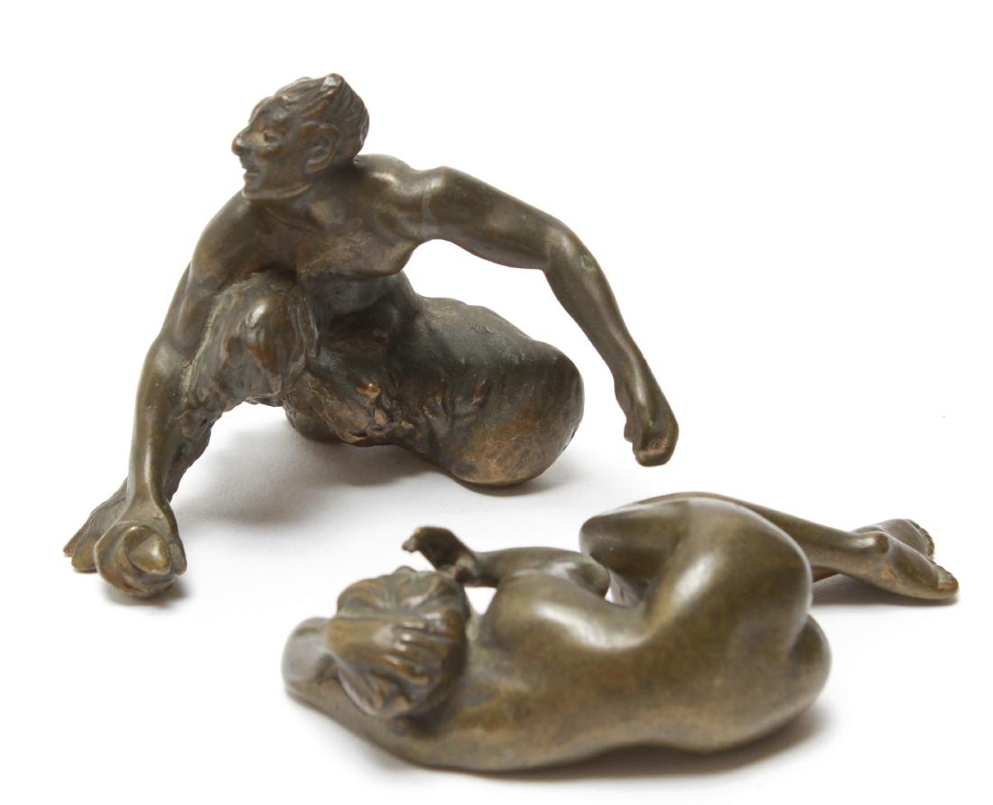 F. Bergman After Satyr & Nymph Bronze Sculptures: After Franz Bergman Austrian bronze Satyr & Nymph nude risque sculptures, two separate figures of a satyr and a female nude, unmarked. Longest 4" L. From the Estate of Actor Miriam Colón.