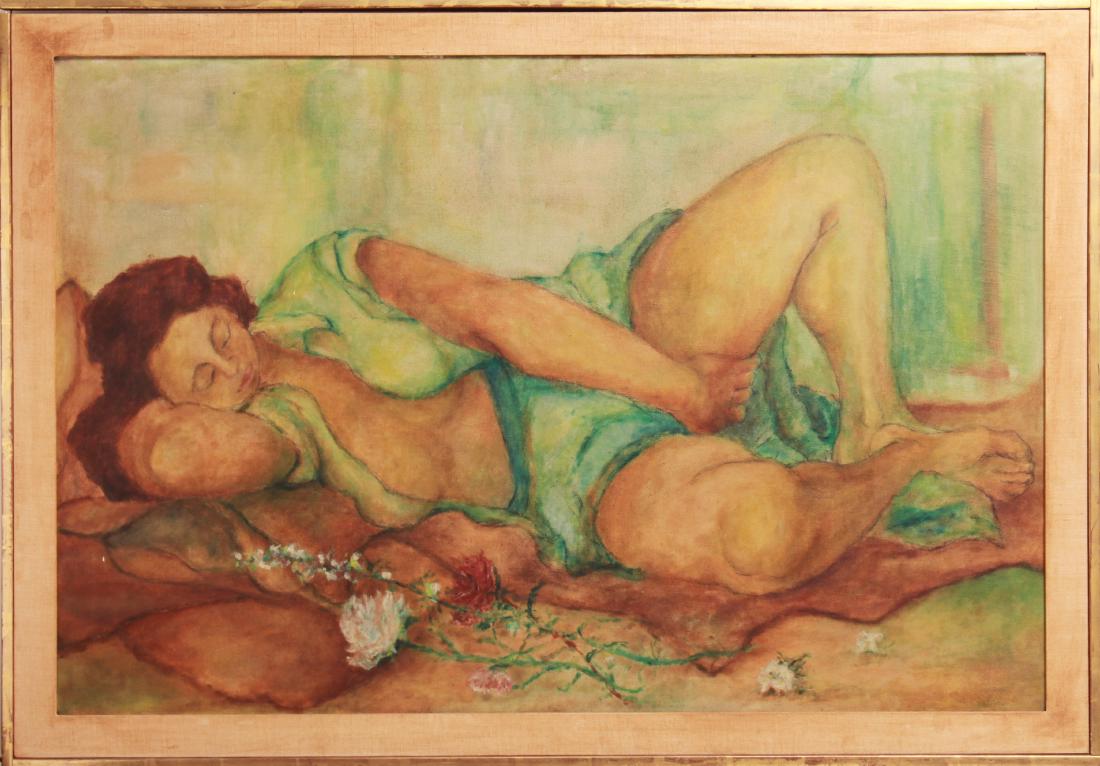 Neill Mallow "Reclining Female Nude" Oil on Canvas: Neill Mallow (American, XX) "Reclining female nude," "Neill Mallow" inscribed on stretcher and canvas reverse, oil on canvas. Image: 27.5" H x 41.5" W; frame: 32.25" H x 46" W x 1.5" D. From the Estat