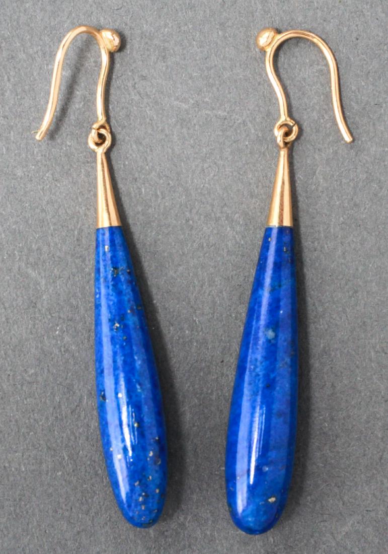 14K Gold & Lapis Lazuli Pendant Drop Earrings, Pr: 14K yellow gold and lapis lazuli pendant drop earrings, pair. 2" L. Gold tested; gold not weighable.