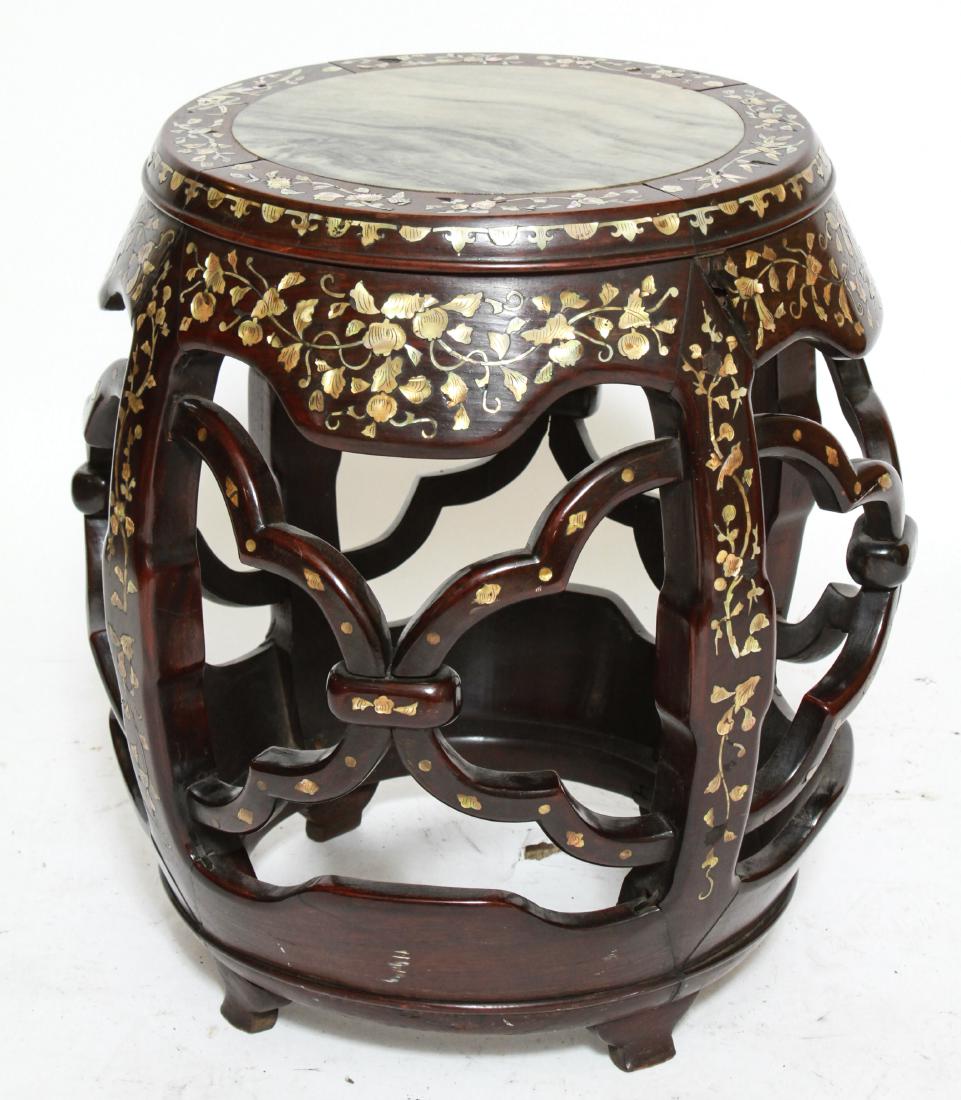 Chinese Wood & MOP Inlay Plant Stand Garden Stool: Chinese wood and mother-of-pearl inlaid plant stand / garden stool with inset marble top. 20" H x 19" diameter. Losses to mother-of-pearl inlay.