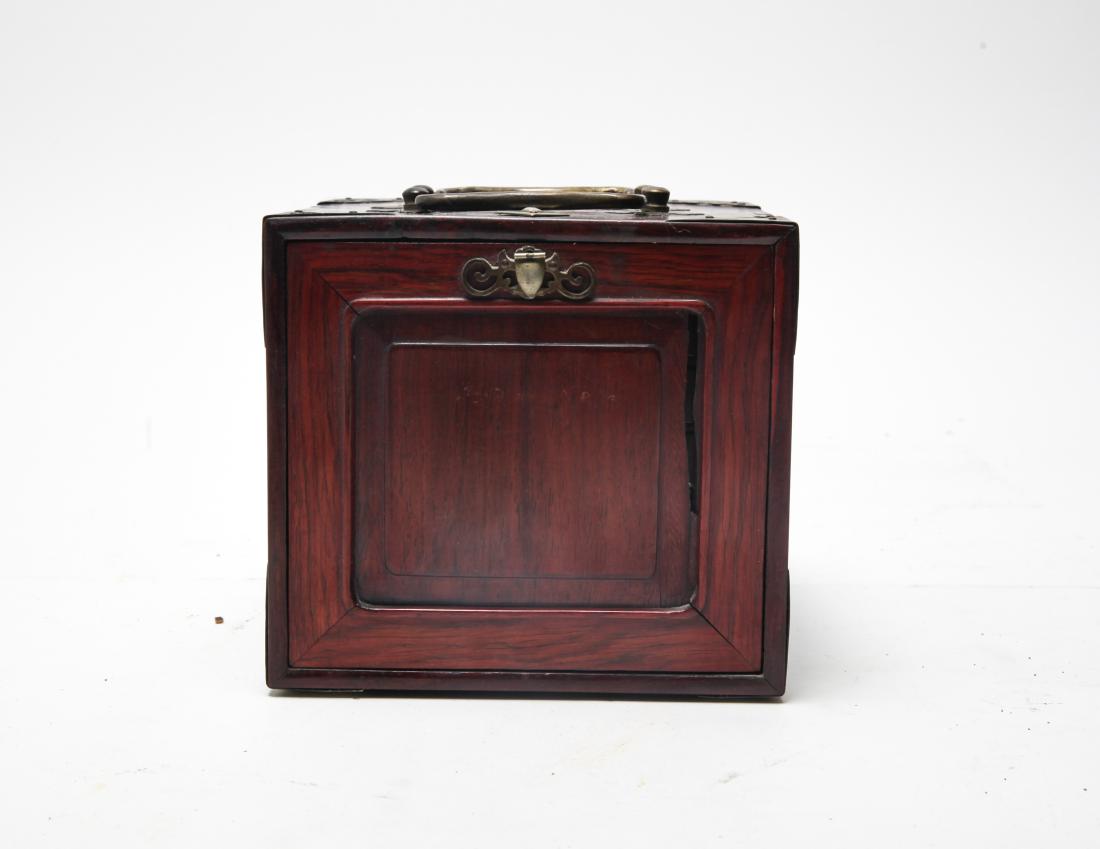 Chinese Mahjong Boxed Set: Chinese Mahjong set, bone and bamboo tiles, dice, and betting sticks, in wood box case with drop front door revealing five drawers, brass hardware. 9.5" H x 6.5" W x 6.5" D.