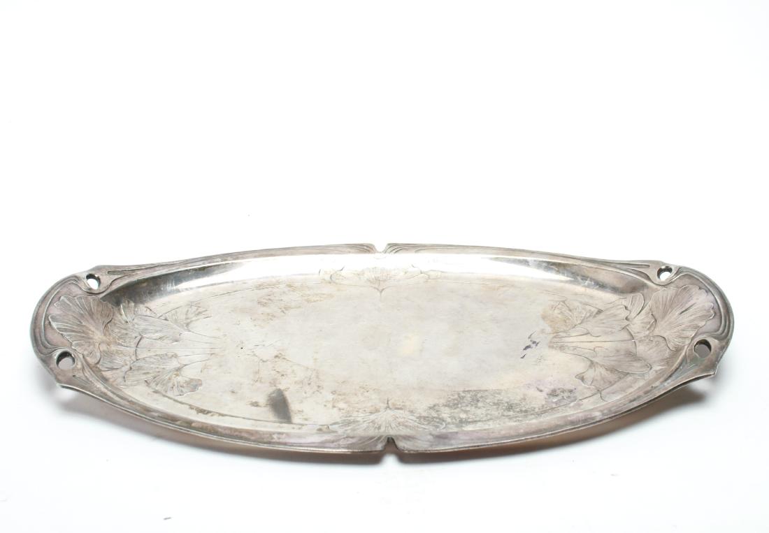 Gallia Art Nouveau Silver Plate Ginko Leaf Tray: Christofle Gallia French Art Nouveau silver plate oblong oval tray with ginko leaf motif, reverse marked "Gallia." 14" L x 9" W.