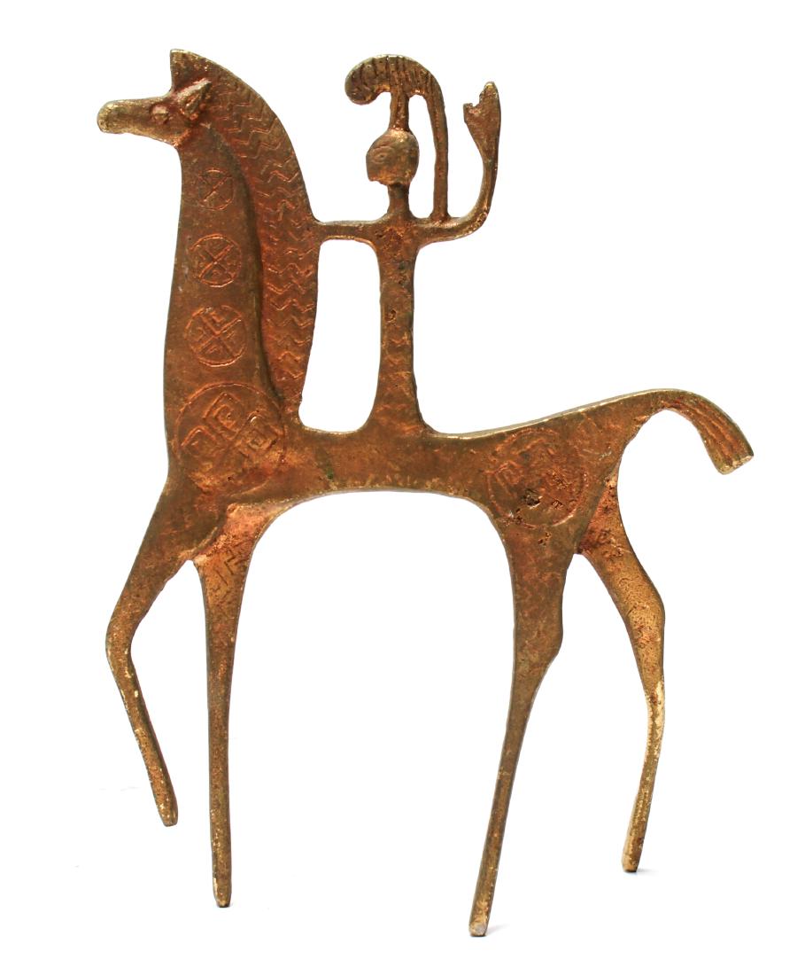 Etruscan Manner Man on Horse Sculpture Gilt Metal: Etruscan manner "Man on Horse" gilt metal sculpture. 11" H x 8.25" W x 3" D. From the Estate of Actor Miriam Colón.