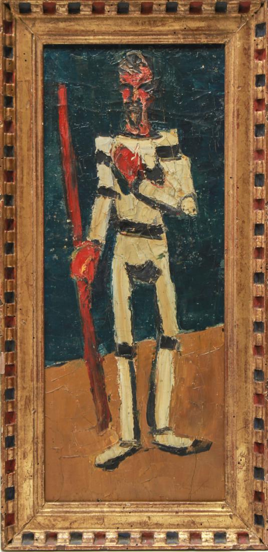 Neill Mallow "Figure with Spear" Oil on Canvas: Neill Mallow (American, XX) "Figure with spear," depicting stylized standing male figure in white holding long red spear, signed on reverse "Mallow," 19.25" H x 7.5" W; frame: 22.75" H x 11.25" W x 1.