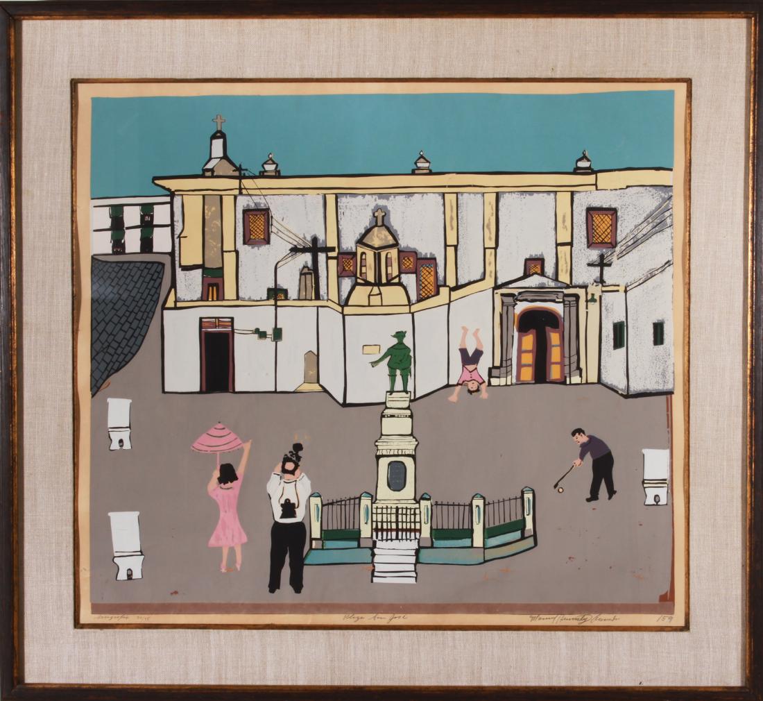 Manuel H. Acevedo "Plaza San Jose" Serigraph: Manuel Hernandez Acevedo (Puerto Rican 1921-1988) "Plaza San Jose," title, signature, edition # 30/75, and annotation "serografia" in pencil in lower margin, serigraph on paper. Image: 24.75" H x 27.7