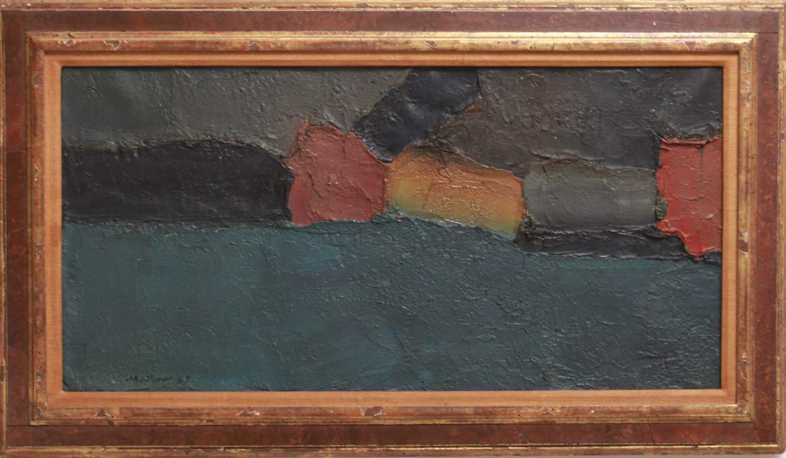 Neill Mallow "Abstract" Modern Oil on Canvas 1959: Neill Mallow (XX) "Abstract," modern composition with swaths of red, blue and yellow, signed and dated lower left "Mallow '59," oil on canvas. Image: 11.25" H x 23" W; frame: 16" H x 28" W x .5" D. Mi