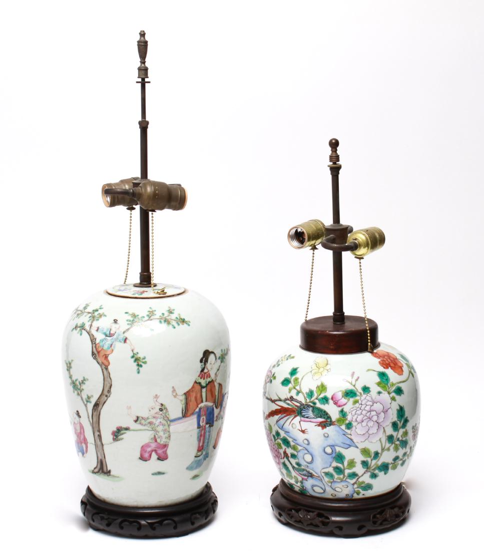 Chinese Famille Rose Porcelain Ginger Jar Lamps 2: Two Chinese famille rose porcelain ginger jars mounted as table lamps, one with figural the other with bird and floral decoration, round wood bases. Larger: jar: 11.5" H; overall: 26" H. Larger with c