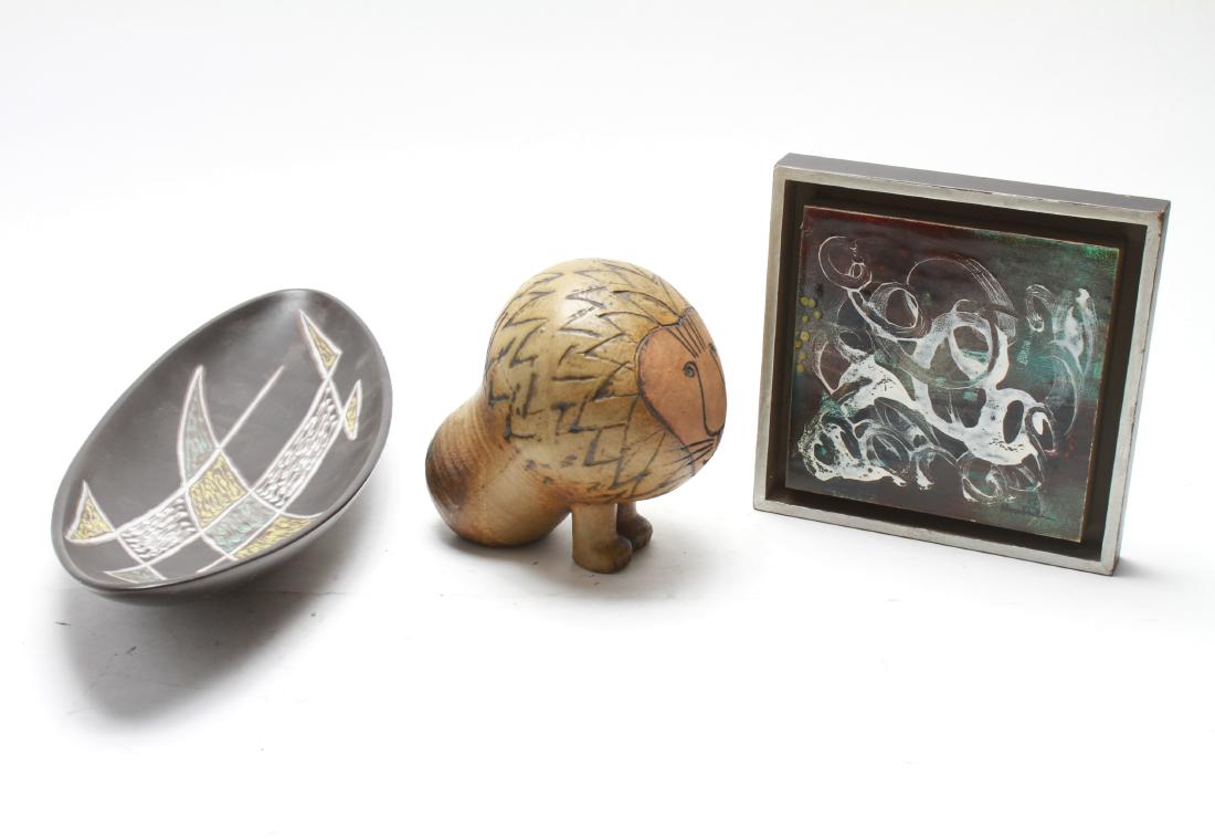 Art Pottery Assortment, Sculpture, Tile & Dish, 3: Art pottery assortment, group of three, comprising a Soholm Bornholm Danish oblong dish with geometric decoration, lion figural sculpture with incised decoration, and an illegibly signed tile mounted 