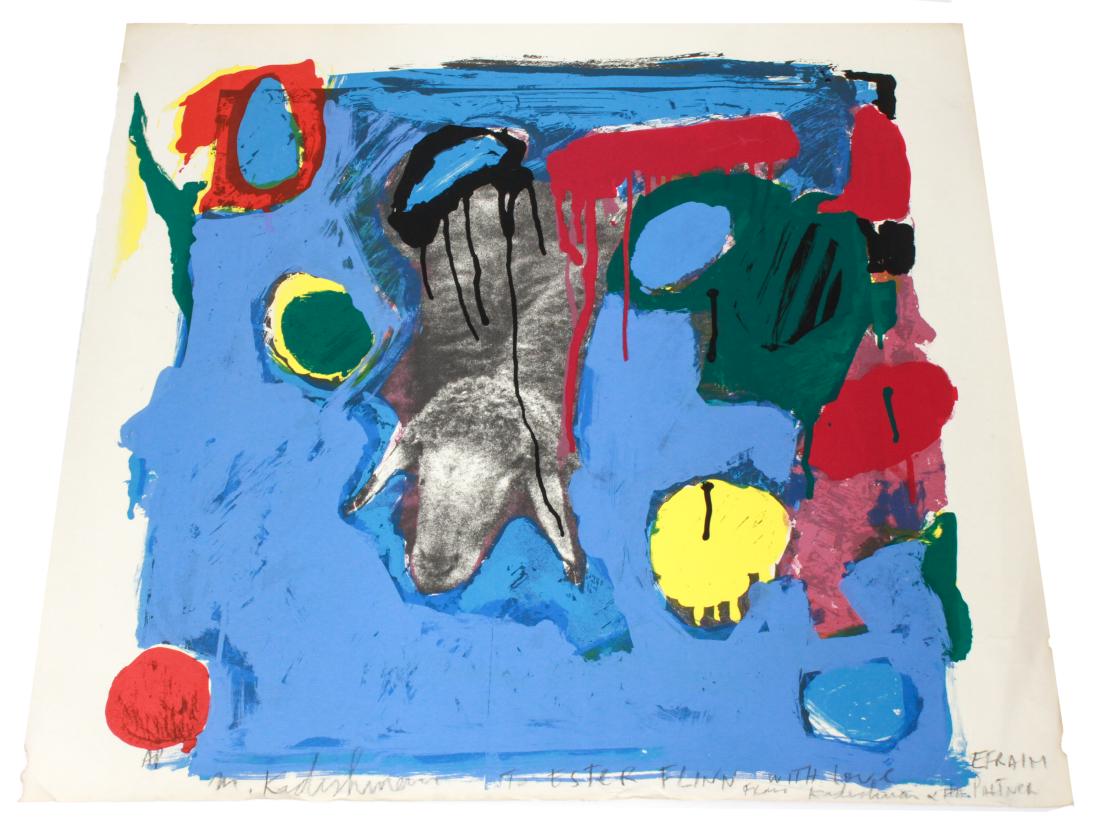 Menashe Kadishman "Sheep" Lithograph on Paper: Menashe Kadishman (Israeli, 1932-2015) "Sheep," signed lower left "M. Kadishman," dedicatory inscription at bottom "To Ester Flinn with love from Kadishman and his partner Efraim," marked "AP" lower l