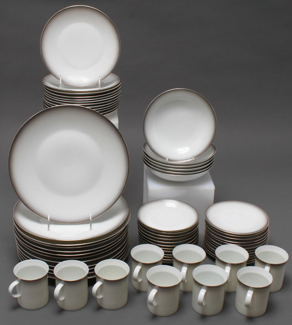 Rosenthal "Evensong" Porcelain Dinner Service, 64: Rosenthal Germany "Evensong" porcelain dinner service set, platinum trim with grey edges, underside marked, "Rosenthal Germany", 64 pieces total, comprising 12 dinner plates, 12 salad plates, 12 bread