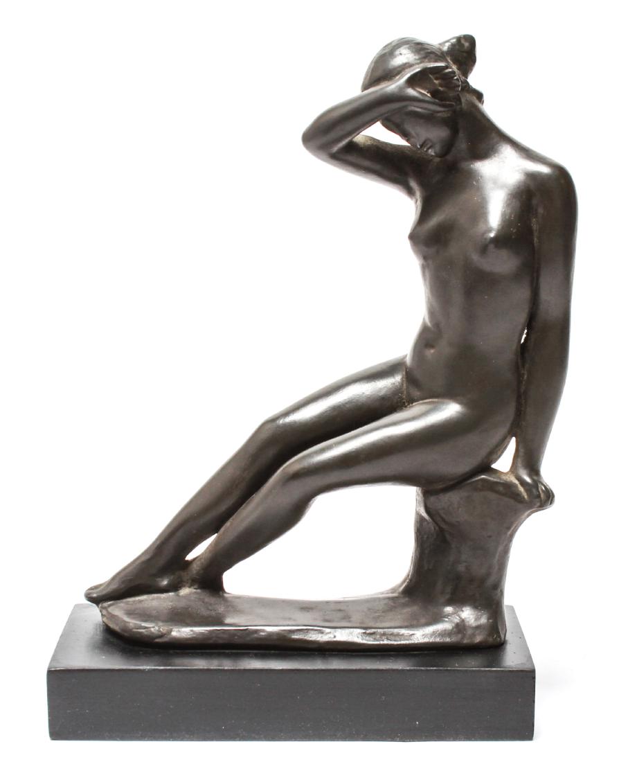 After Aristide Maillol Alva Studios Nude Sculpture: After Aristide Maillol Alva Studios seated nude woman composite sculpture, back of woman's seat marked "Aristide Maillol, 1955, Alva Studios." 10" H x 6.75" W x 3" D. From the Estate of Actor Miriam C