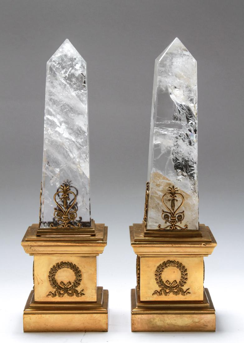 Neoclassical Rock Crystal Gilt Bronze Obelisks, Pr: Neoclassical rock crystal ormolu / gilt bronze obelisks, pair. 14.75" H x 4.25" square bases.
