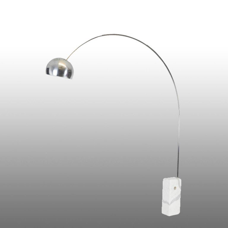 Achille Castiglioni Flos Arco Floor Lamp: Achille Castiglioni for Flos "Arco" Floor Lamp, aluminum and stainless steel body on white marble base. 95" H x 76" W x 12" D.