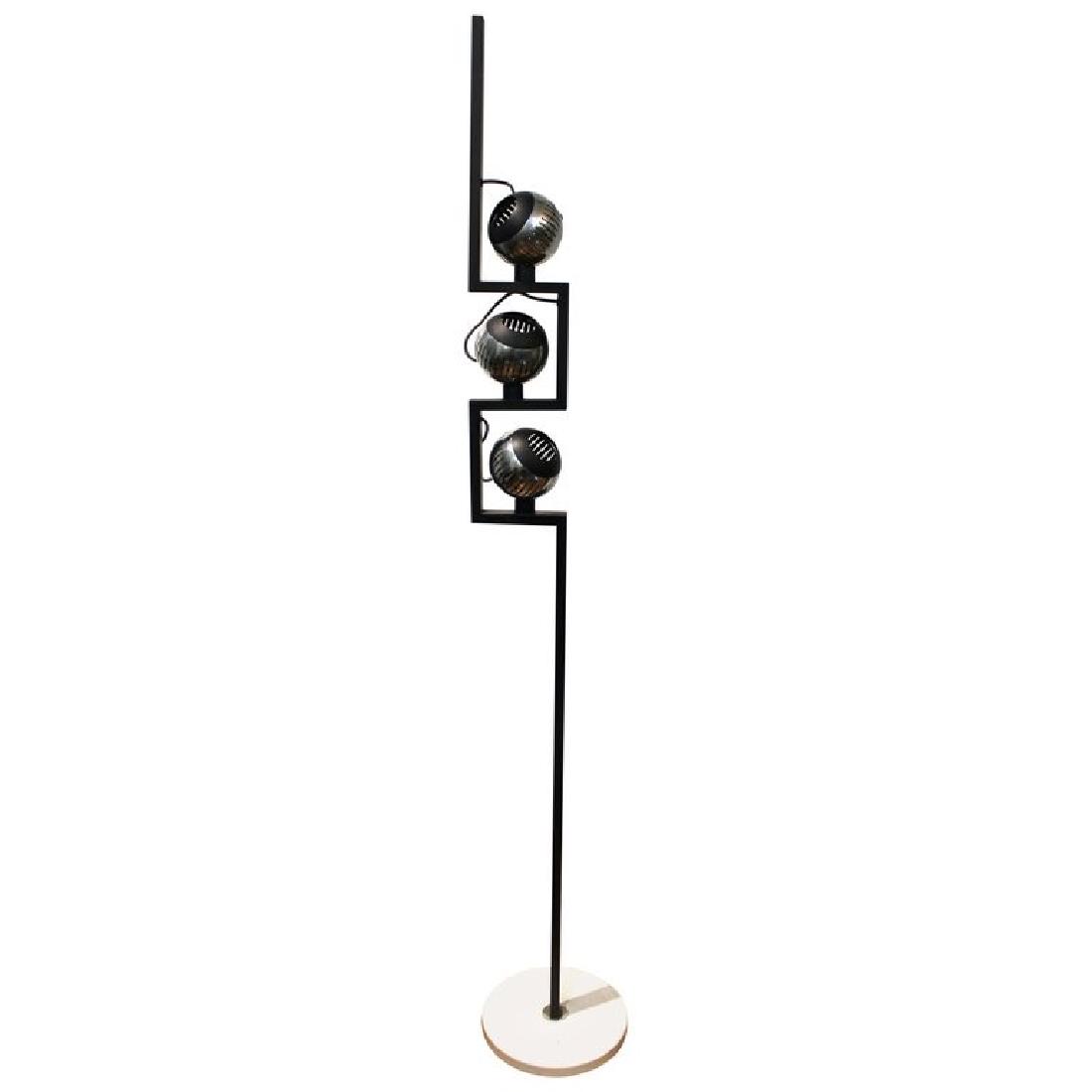 Angelo Lelli Arredoluce Black & Chrome Floor Lamp: Angelo Lelli for Arredoluce Italian Mid-Century Modern black enameled steel floor lamp with three chrome sphere lights on magnetic bases that can be removed and rearranged , each light with an individ