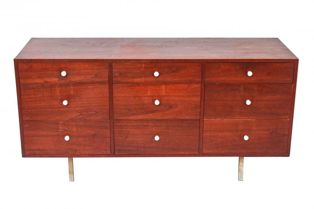 Florence Knoll Manner Mid-Century Modern Dresser: Florence Knoll manner mid-century modern walnut dresser, three columns of three drawers of graduating size, raised on metal legs. 29" H x 58" W x 19.5" D. Minor wear to finish. From the Estate of Acto
