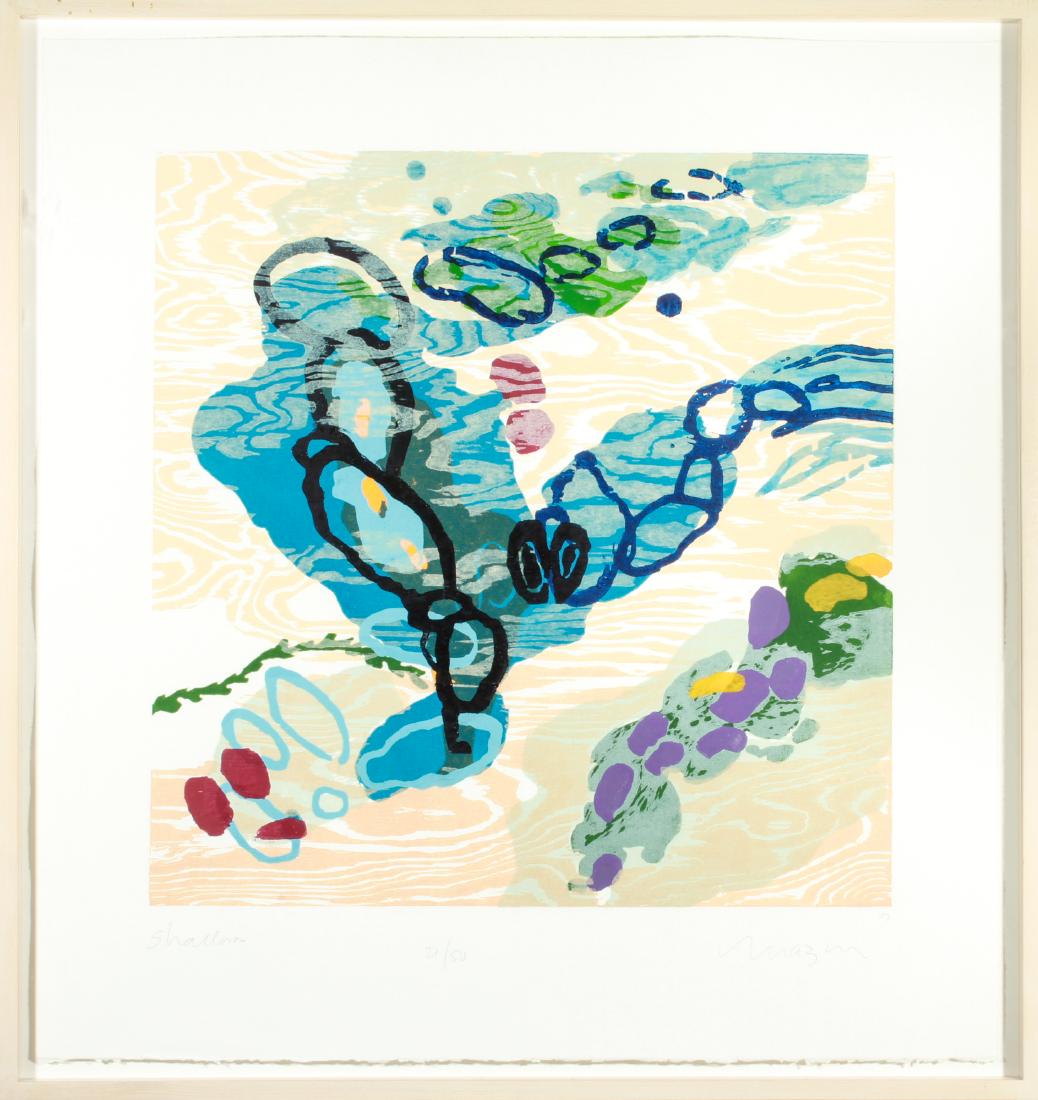 Michael Mazur "Shallows" Signed Woodblock Print: Michael Mazur "Shallows" signed contemporary woodblock print, 2007, signature in pencil lower right, edition 21/50. Image: 23" H x 23" W; frame: 34.25" H x 32.5" W x 2" D. From the Estate of Actor Mir