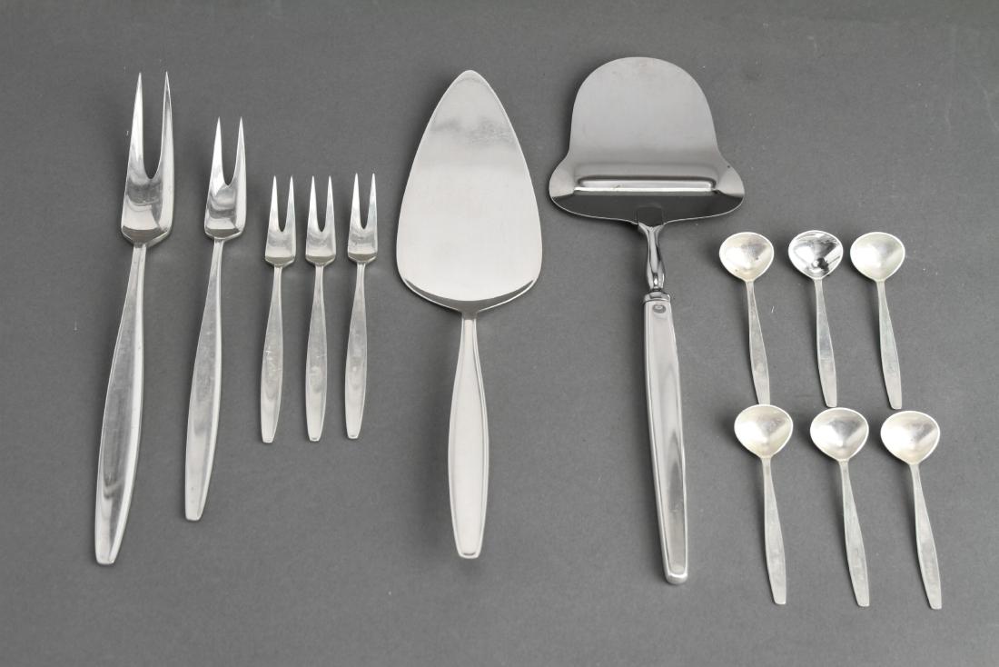 Georg Jensen Silver "Cypress" Serving Utensils, 13: Group of thirteen Georg Jensen Silver "Cypress" pattern, serving Utensils, hallmarked: "Georg Jensen, Sterling Denmark," comprising a pastry server, cheese slicer, pickle fork, olive fork and three le