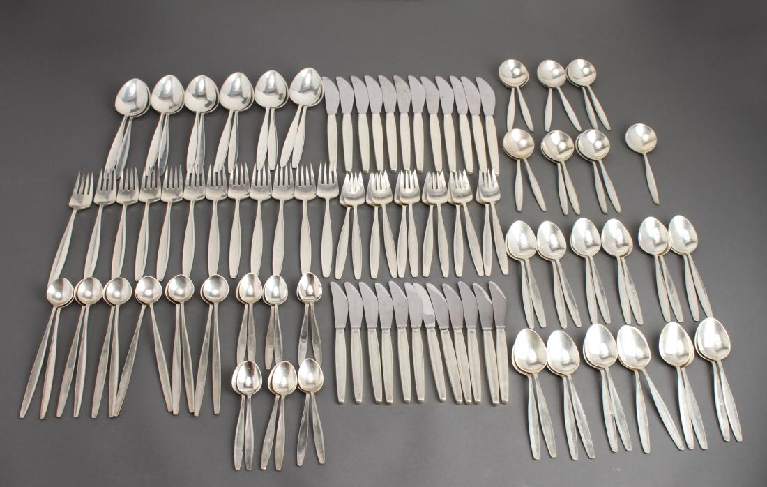Georg Jensen Silver "Cypress" Flatware Svc for 12: George Jensen Denmark sterling silver "Cypress" pattern, flatware service for twelve, set of 121 pieces, hallmarked: "Georg Jensen, Sterling Denmark," comprising 12 dinner forks, 12 dinner knives,12 s