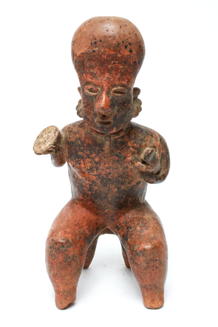 Pre-Columbian Nayarit Seated Woman w Baby Pottery: PreColumbian Nayarit seated woman holding a baby / child in her proper left arm and a bowl in her proper right hand, seated on a two footed stool, redware pottery / terracotta. 13" H x 6" W x 4.5" D.