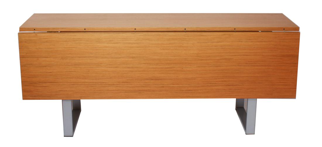 Design Within Reach "Lance" Drop Leaf Dining Table: Design Within Reach "Lance" drop leaf dining table, sliding rectangular wood top, aluminum frame with matte finish. 29.75" H x 71" L. 17.25" D with addition 17.25" leaf.
