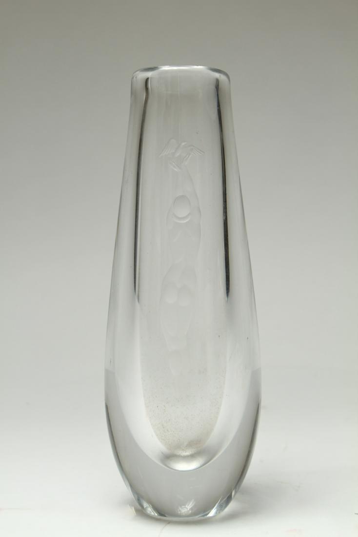 Mid Century Orrefors Vicke Lindstrand Crystal Vase: Mid Century Swedish Modernist Orrefors Vicke Lindstrand colorless crystal vase, the underside etched "Orrefors Lindstrand 2615..." (numbers illegible). 10.25" H.