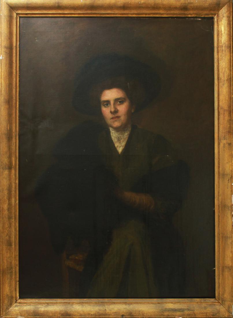 Illegibly Signed 19th C. Portrait of Woman Oil: Illegibly signed 19th century "Portrait of woman," depicting well-dressed woman in hat and gloves, illegible signature in red lower right , oil on canvas. Image: 49.5" H x 34.25" W; frame: 57" H x 41.