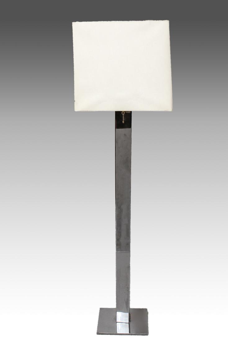 George Kovacs Chrome Metal Modern Floor Lamp: George Kovacs chrome / chromed metal modern two-light floor lamp, columnar form with rectangular base, original paper shade. Lamp: 53" H; shade: 14" H x 16" W x 11" D. Minor wear to shade.