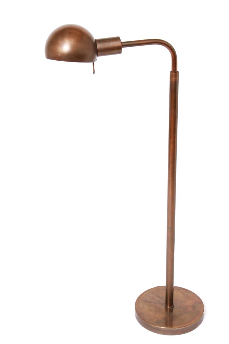 George Hansen Metalarte Modern Brass Floor Lamp: George Hansen for Metalarte modern brass floor lamp, adjustable height with swing arm, round base, Metalarte sticker inside shade, marked on base underside "Metalarte Made in Spain / Hansen Lamps New 
