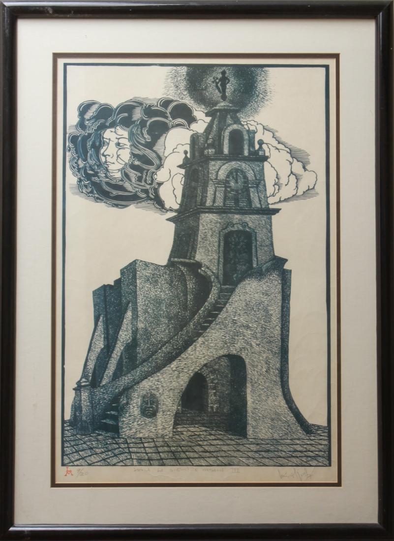 Luis Miguel Valdes "La Siempre Habana" Woodcut: Luis Miguel Valdes (Cuban, b. 1949) “La Siempre Habana III,” depicting tower with archway and staircase with face emerging from clouds, signature, title, edition # 9/20 all in lower margin in penc
